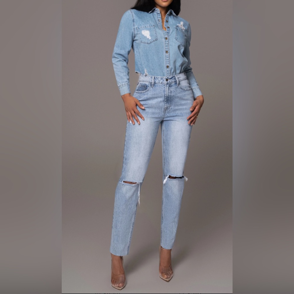 Jluxlabel Blue Women's Distressed Denim Shirt